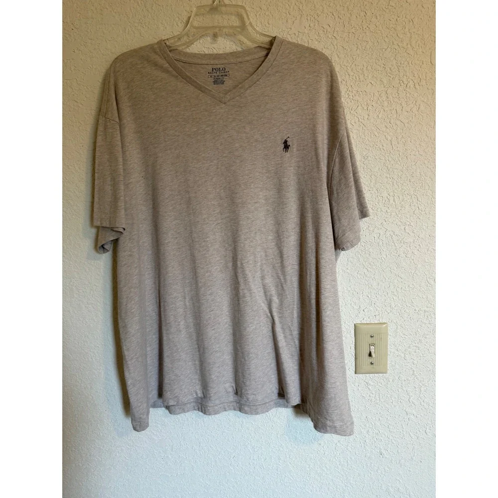 Polo Ralph Lauren Mens XL Classic Fit V-Neck T-Shirt Heather Tan Beige Cotton